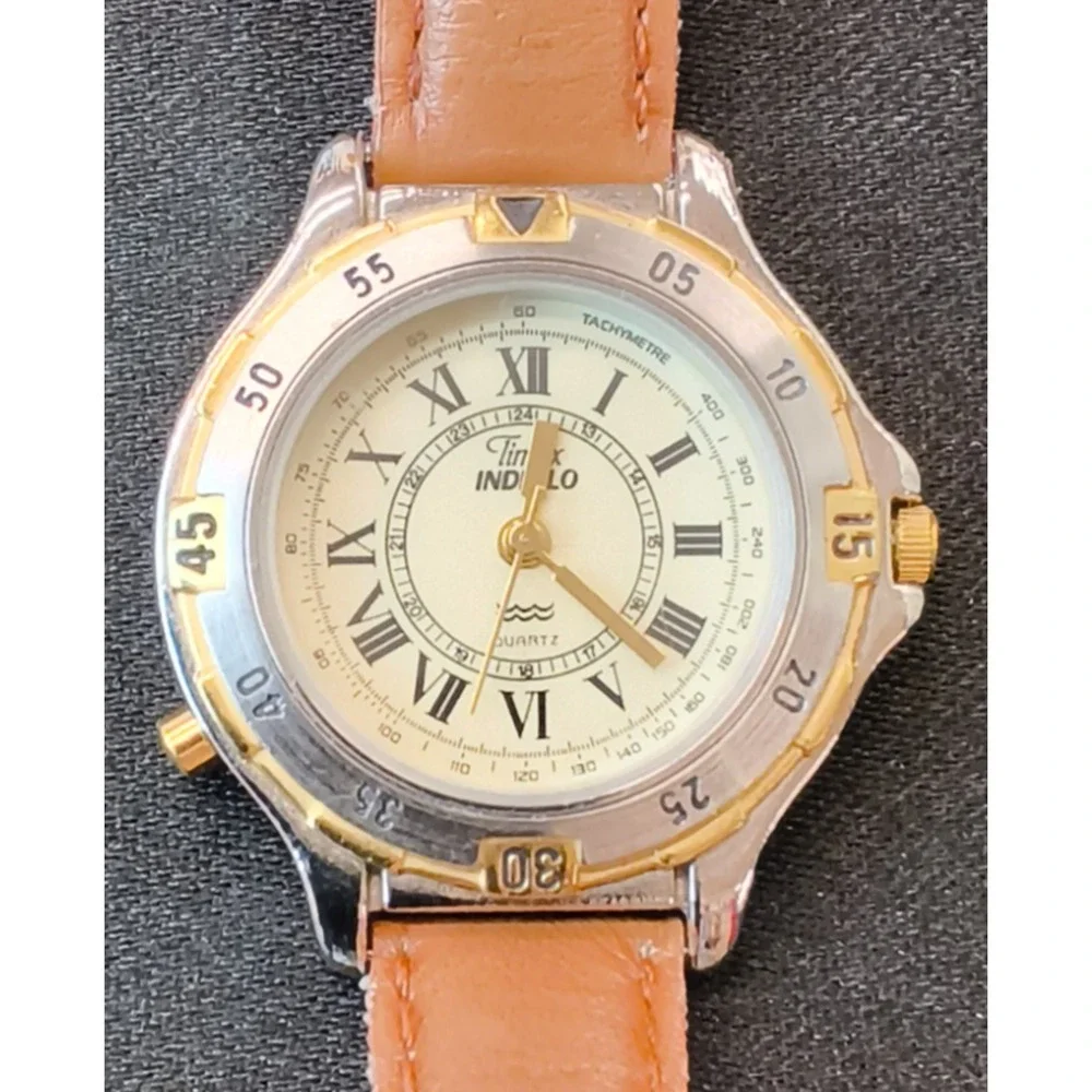 Vintage Timex Indiglo Two Tone Diver Style Women's Watch Brown Band #W5369